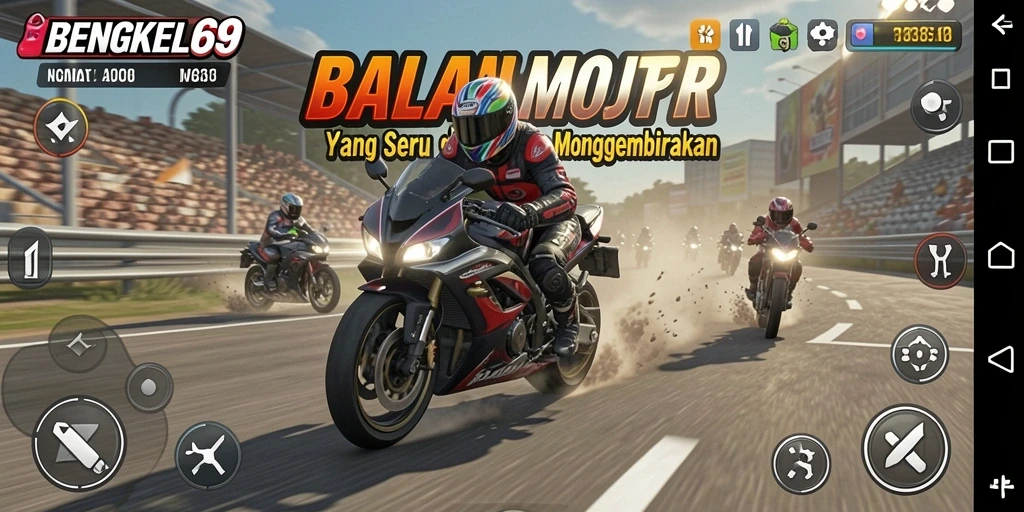 Gameplay seru BENGKEL69 dengan balapan motor mendebarkan.