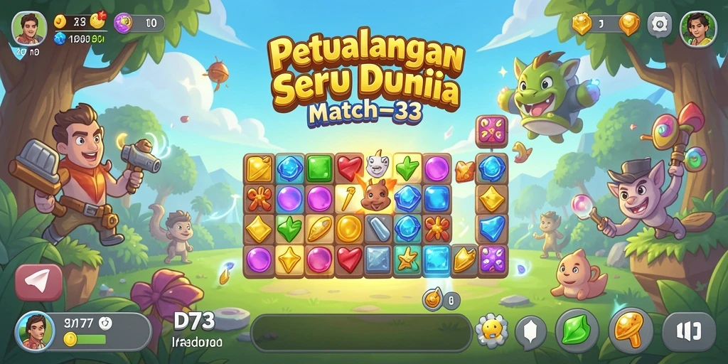 Tampilan gameplay D73 dengan permata yang berwarna-warni dan tantangan Match-3.