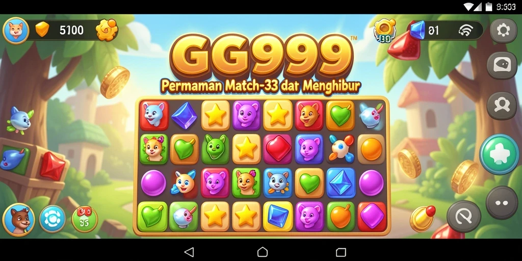 Screenshot utama GG999 menampilkan gameplay Match-3 yang seru dan penuh warna.