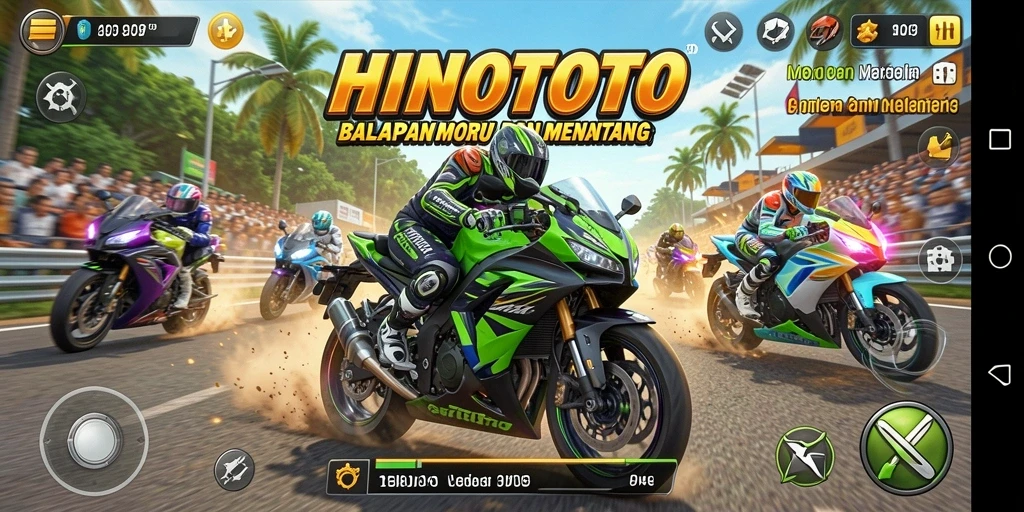 Screenshot memperlihatkan aksi balapan seru dalam HINOTOTO.