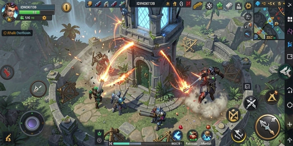 Tampilan gameplay IDRHOKI138 dengan menara strategis dan gelombang musuh.