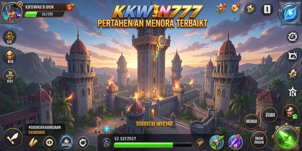 Screenshot gameplay KKWIN777 menampilkan menara yang strategis dalam Tower Defense.