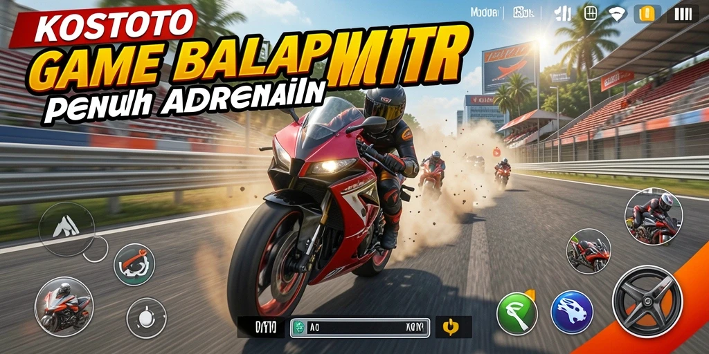 Screenshot gameplay KOSTOTO yang menampilkan balapan motor yang seru.