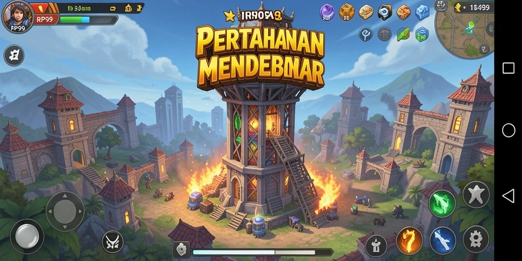 Tampilan utama gameplay RP99 dengan menara pertahanan yang siap tempur.