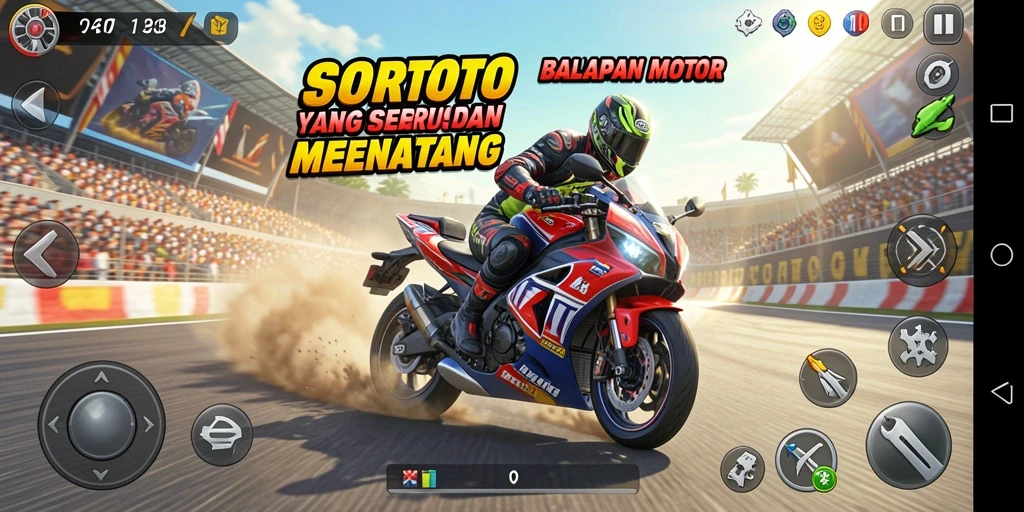 Gameplay SORTOTO menampilkan balapan motor yang cepat dan mendebarkan.
