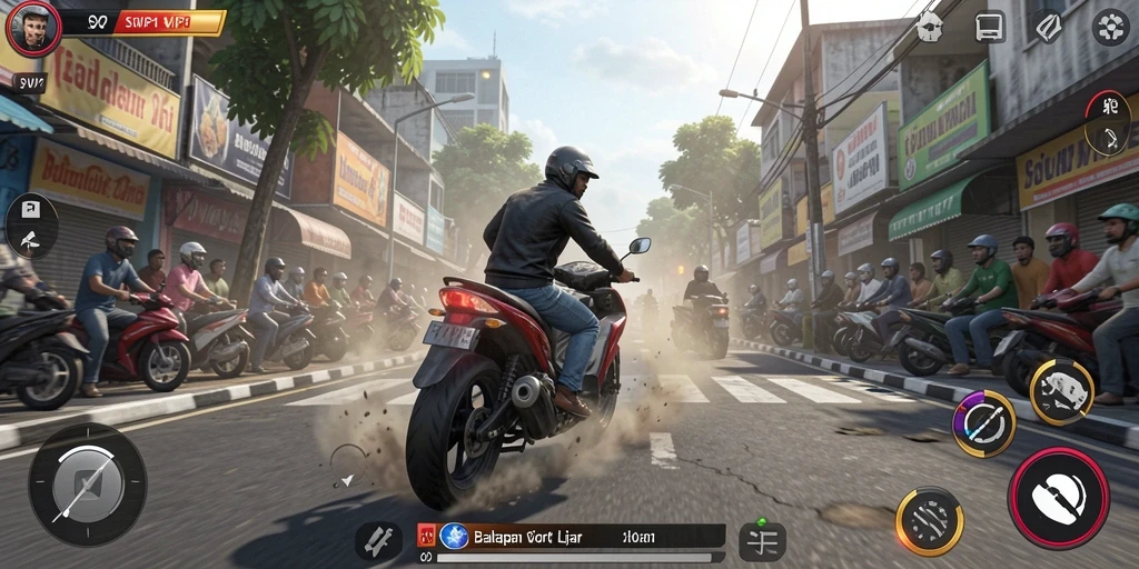 Screenshot SVIP1 menampilkan aksi balapan motor yang mendebarkan.