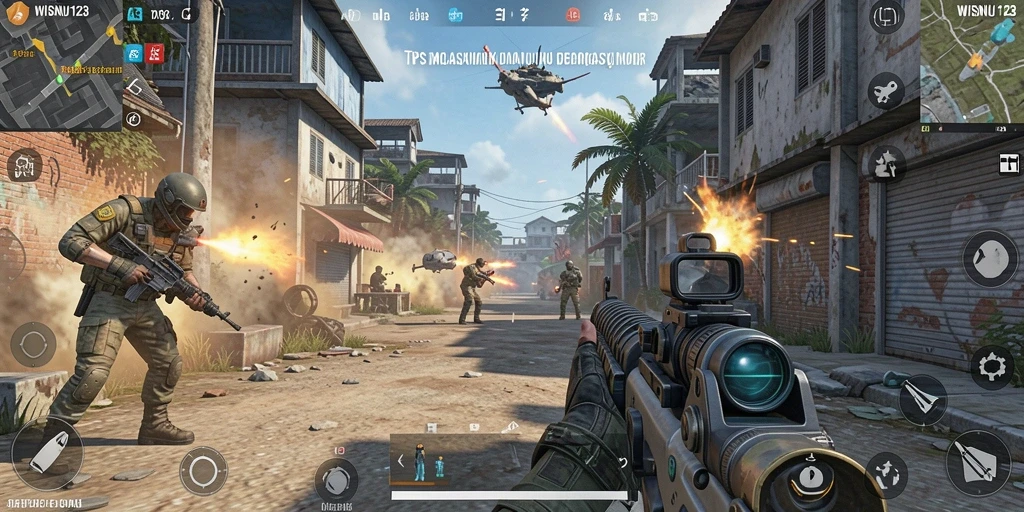 Tampilan gameplay seru WISNU123 dalam pertempuran TPS.